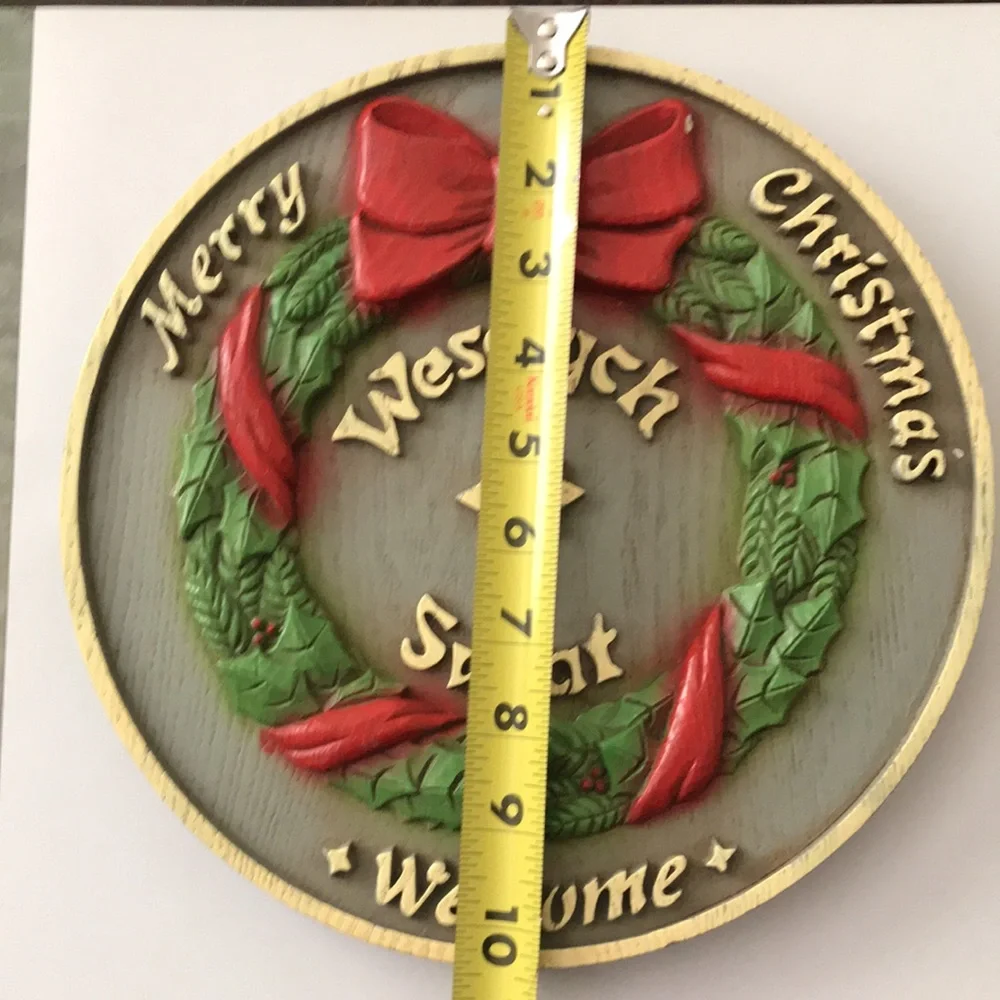 Holiday Welcome Wreath Plaque - Red and Green Christmas Wall Decor